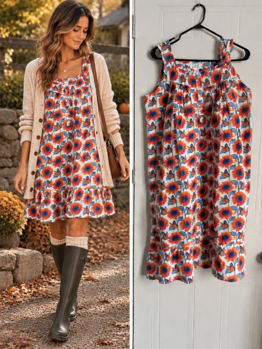 Denise Rae Orange Blue Sunflower Floral Tiered Poplin Dress Cottagecore XS NWT
